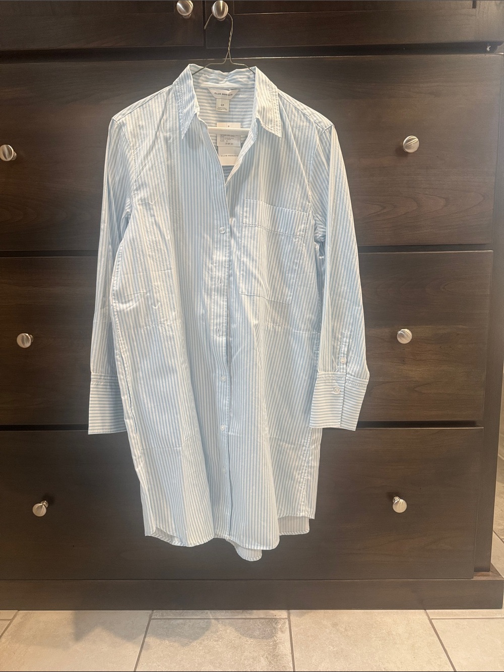 Club Monaco Light Blue and White Striped Long-Sleeve Dress